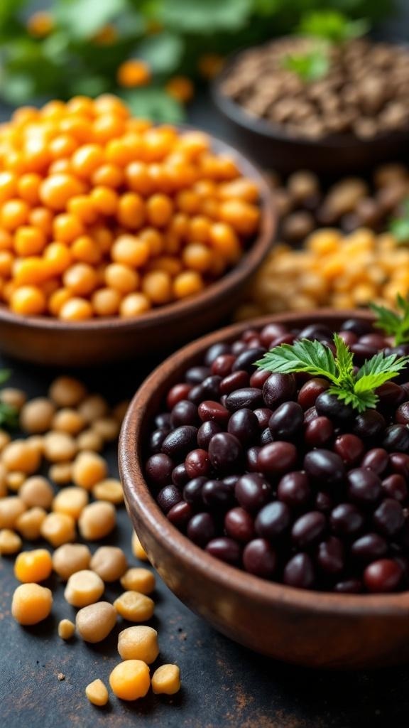 A variety of legumes in bowls, including black beans, chickpeas, and lentils, with a green garnish.