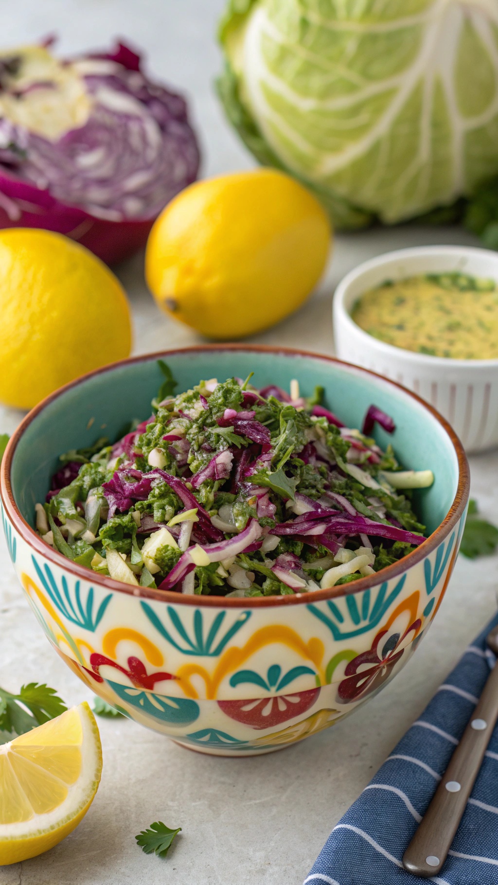 A colorful bowl of Lemon-Dijon Cabbage Slaw with fresh lemons and a small bowl of dressing in the background.