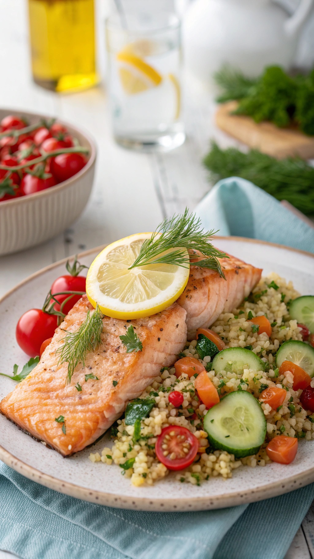 A plate of lemon-dill salmon served with quinoa salad, garnished with lemon slices and fresh herbs.