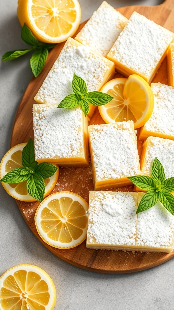 Lemon bars topped with powdered sugar and garnished with mint leaves and lemon slices on a wooden platter.