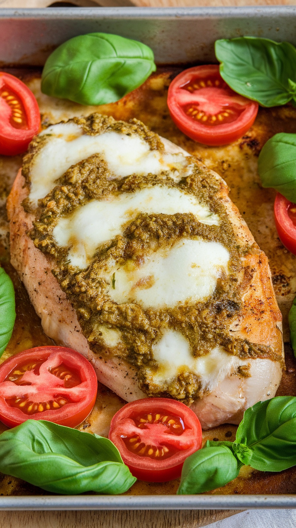 A delicious Lemon Basil Pesto Chicken Bake with fresh tomatoes and basil