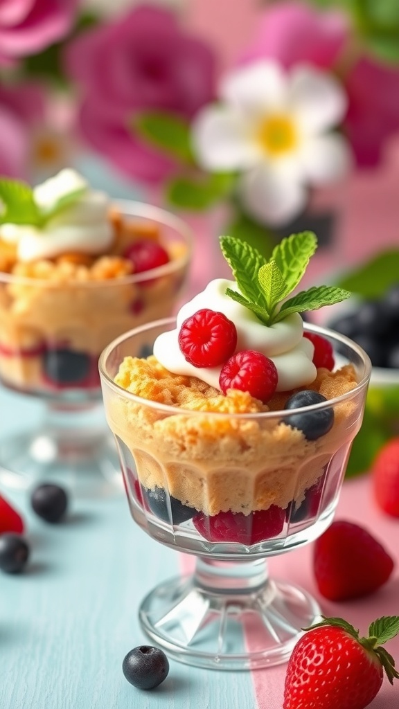 Lemon Berry Crumble Cups with fresh berries and mint garnish