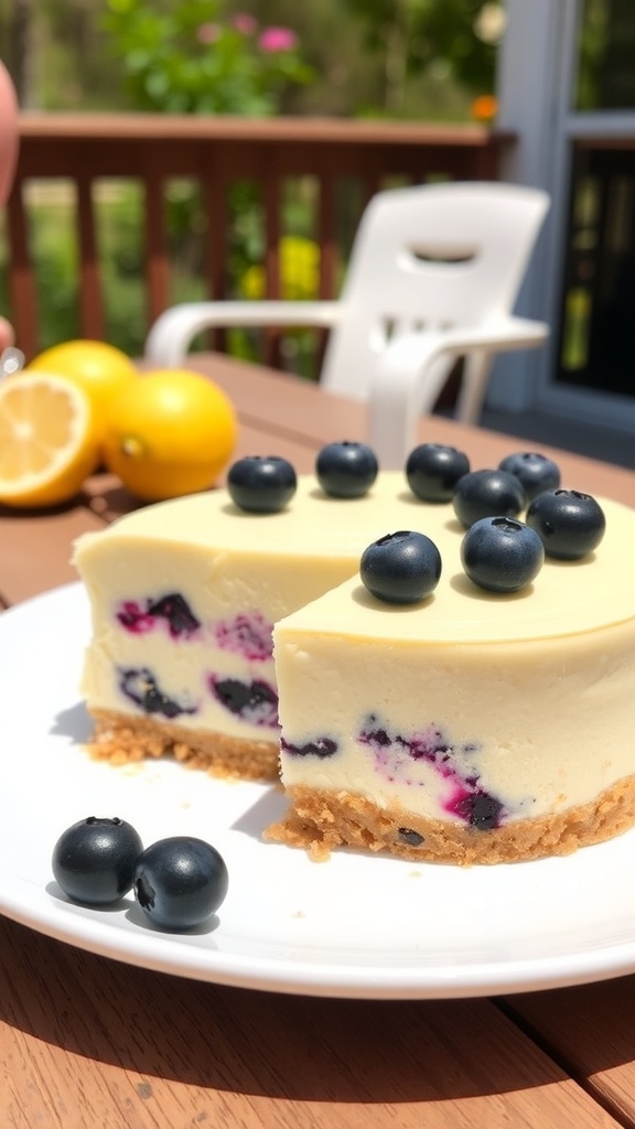 A slice of lemon blueberry cheesecake on a plate, garnished with fresh blueberries, with lemons in the background.