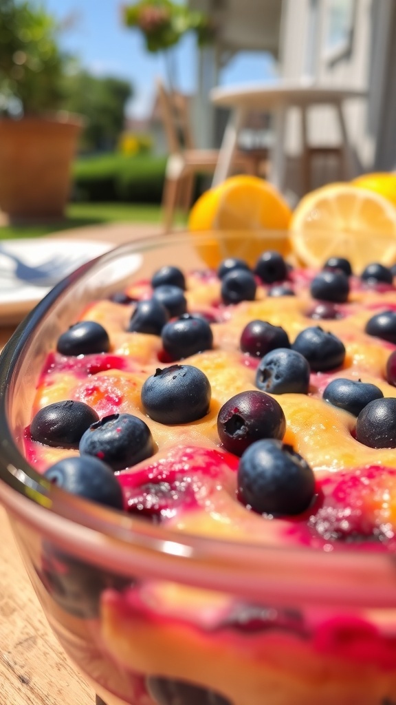 A close-up of Lemon Blueberry High-Protein Bread Pudding topped with fresh blueberries and lemon slices.