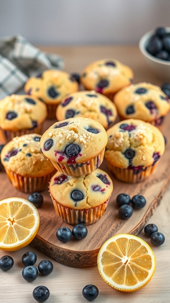 Lemon blueberry muffins on a wooden platter with fresh blueberries and lemon slices.