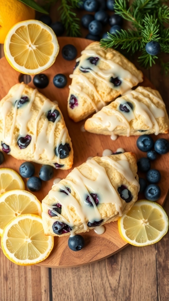 Lemon blueberry scones drizzled with glaze, surrounded by fresh blueberries and lemon slices.