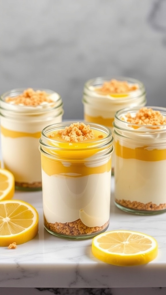 Lemon cheesecake cups in jars with lemon slices