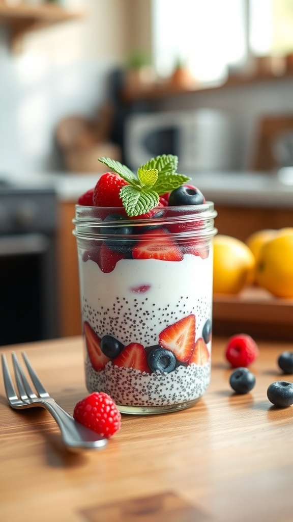 A jar of lemon chia seed pudding topped with fresh strawberries, blueberries, and mint leaves, placed on a wooden table.