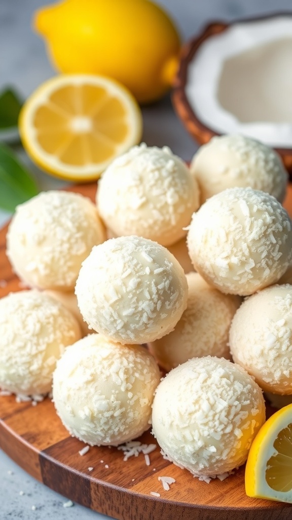 A plate of lemon coconut bliss balls with fresh lemons and coconut in the background.