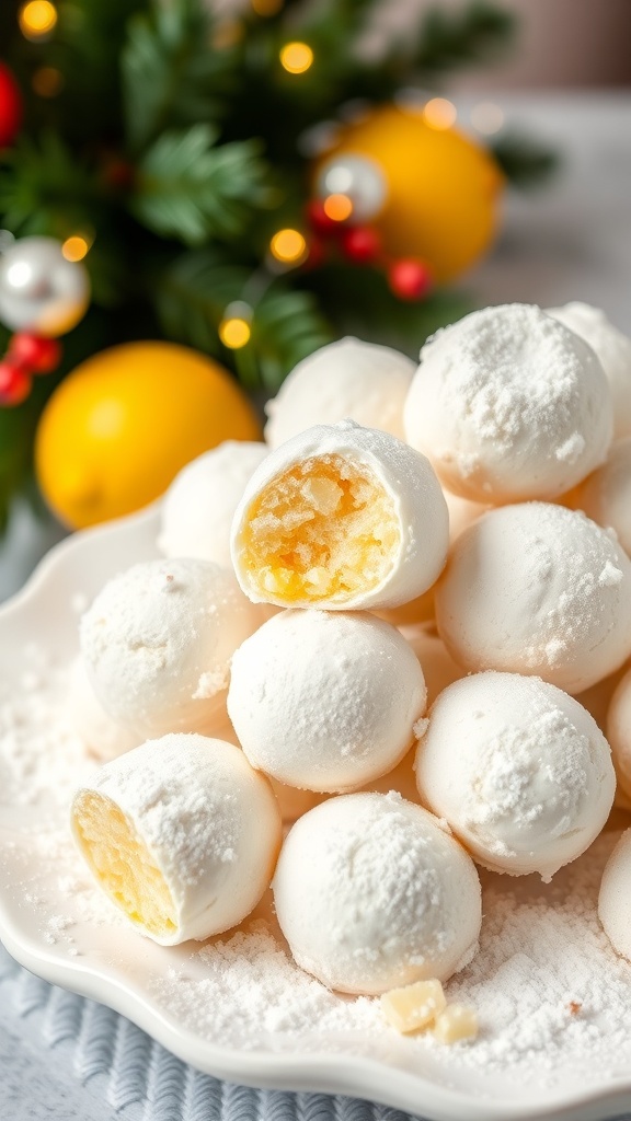 A plate of lemon coconut snowballs dusted with powdered sugar, surrounded by holiday decorations.