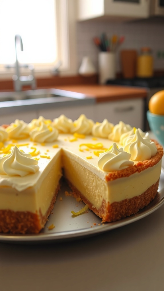 A beautifully sliced lemon cream pie with whipped cream and lemon zest on top.