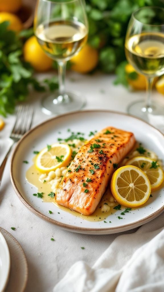 A plate of lemon garlic butter baked salmon garnished with parsley and lemon slices, accompanied by glasses of white wine.