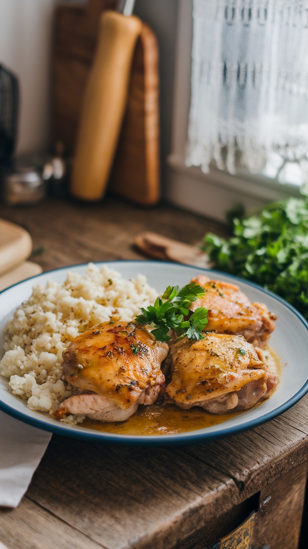 Plate of Lemon Garlic Butter Chicken Thighs with cauliflower rice and parsley garnish.