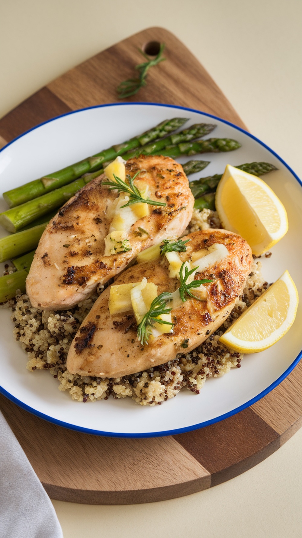 A plate of lemon garlic chicken served with asparagus and quinoa, garnished with lemon wedges.