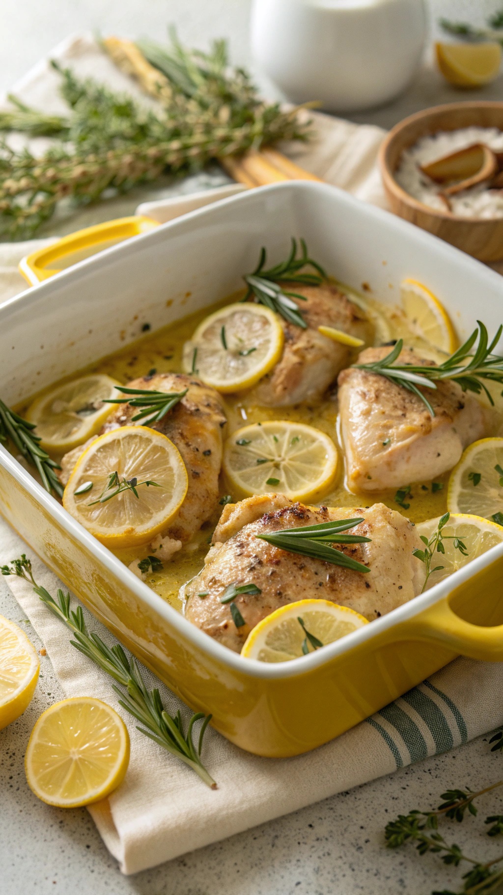 A delicious Lemon Herb Chicken Casserole with lemon slices and fresh herbs.