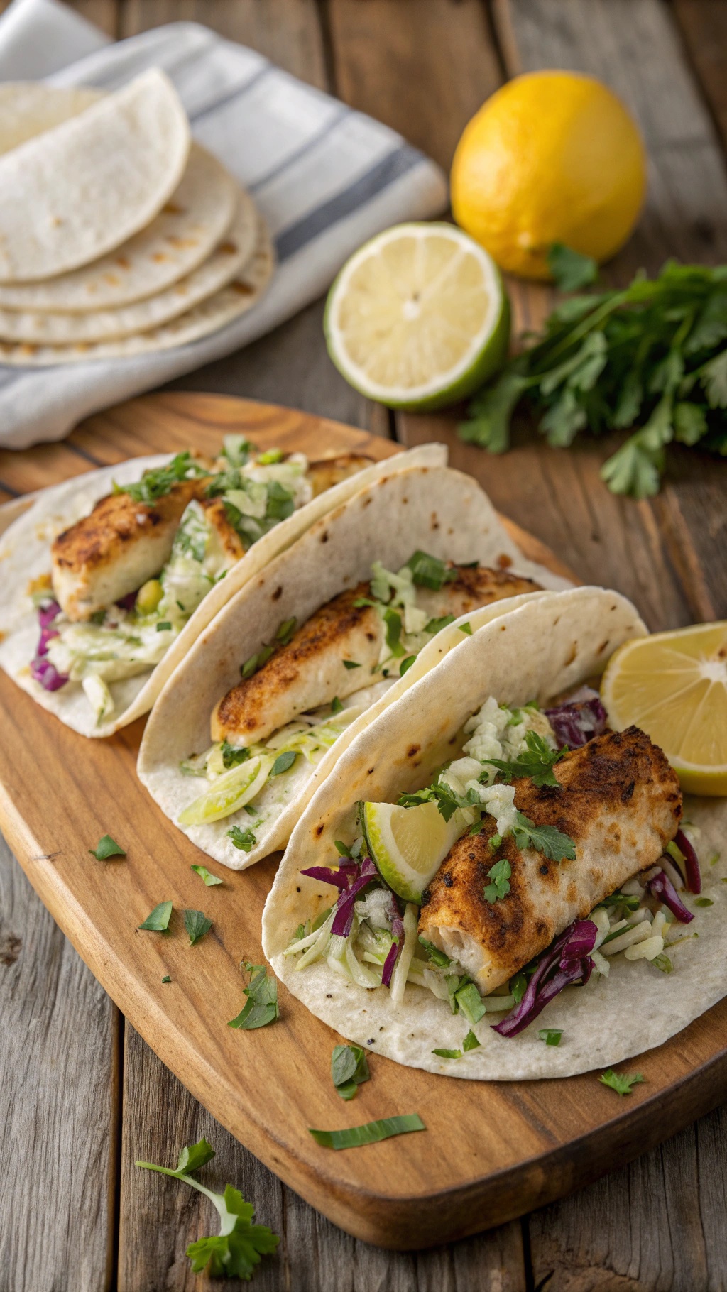 Lemon herb fish tacos with crunchy cabbage on a wooden board