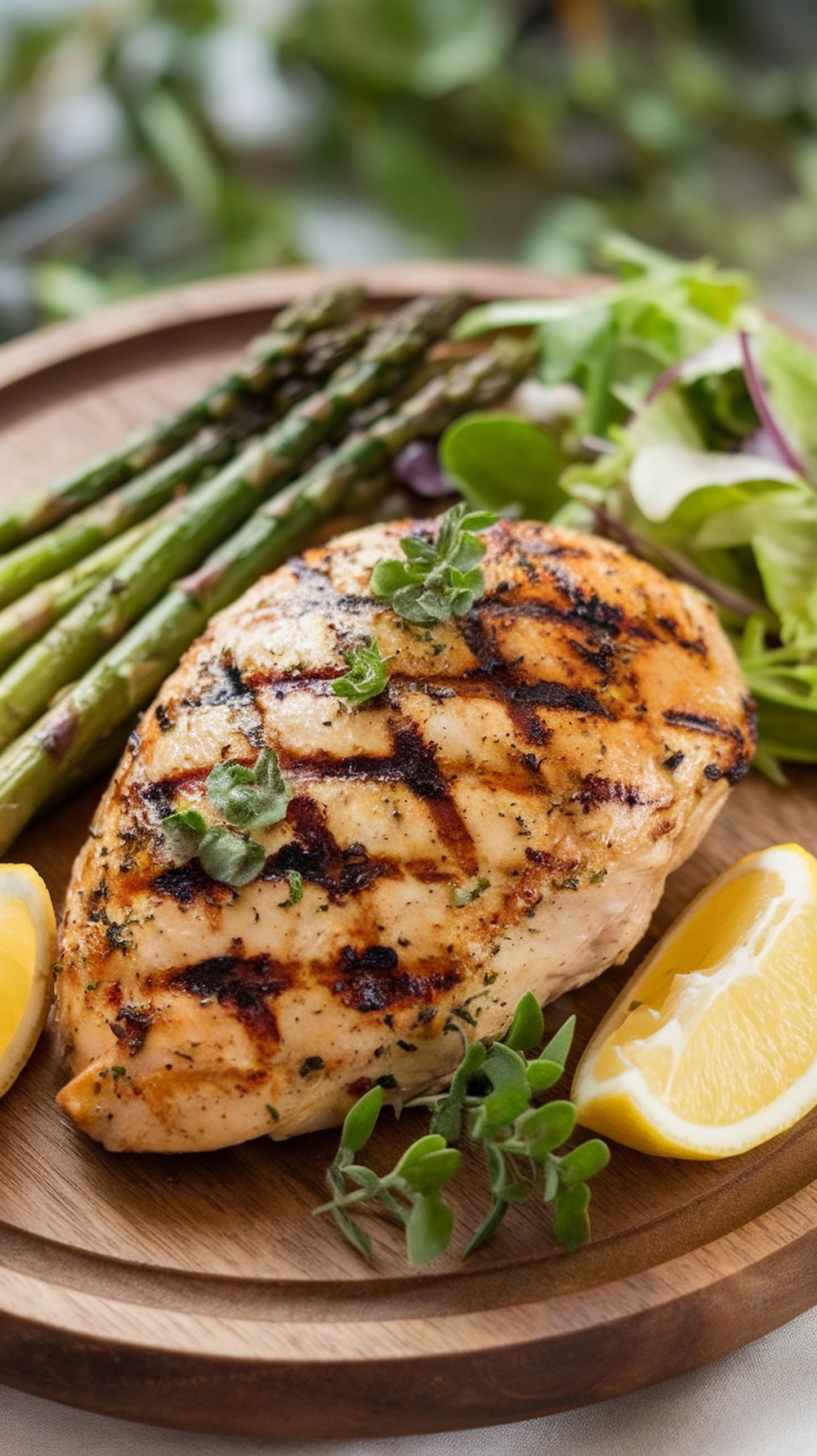 Grilled chicken breast served with asparagus and salad on a wooden plate