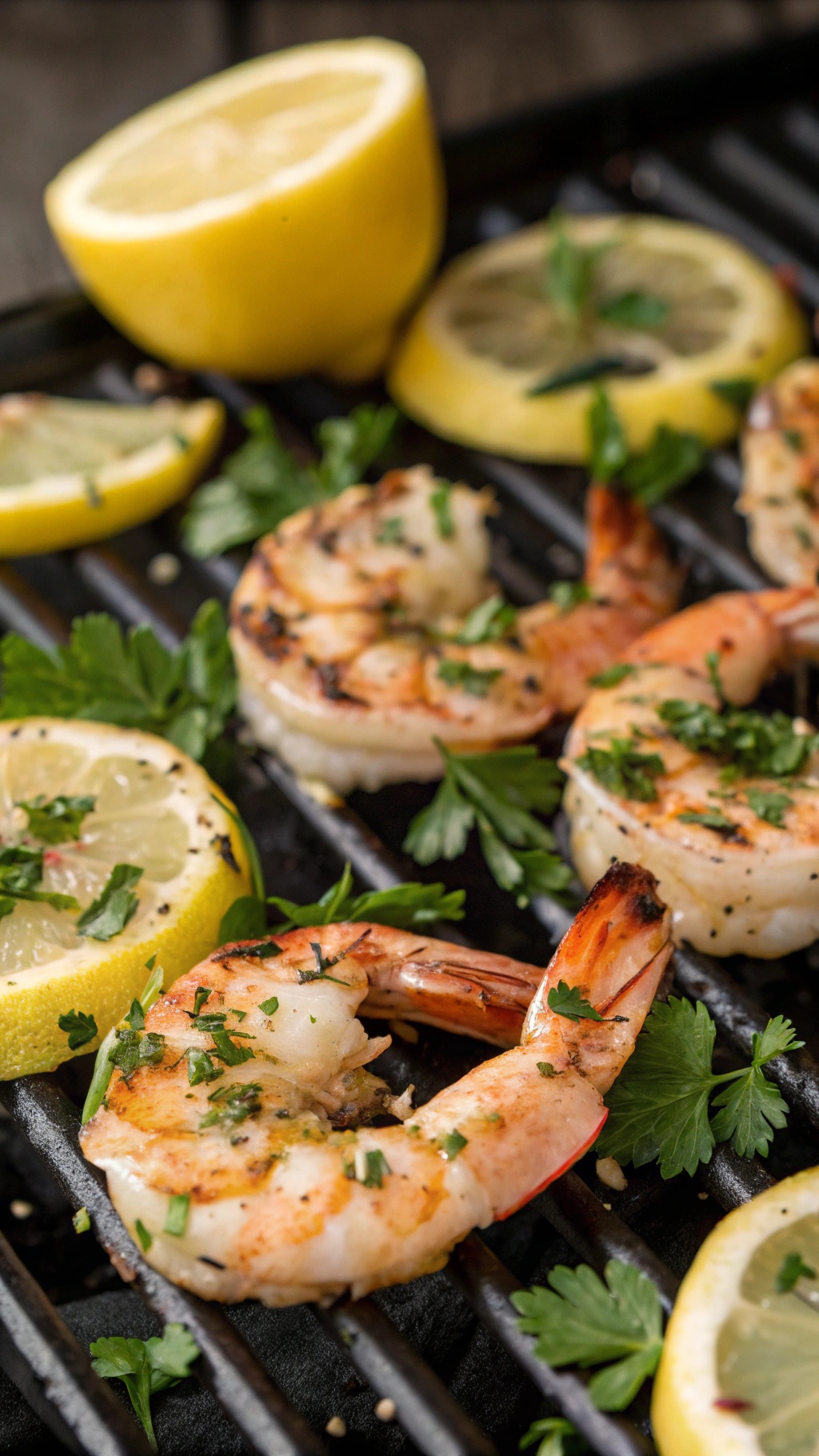 Grilled shrimp with lemon and herbs on a grill
