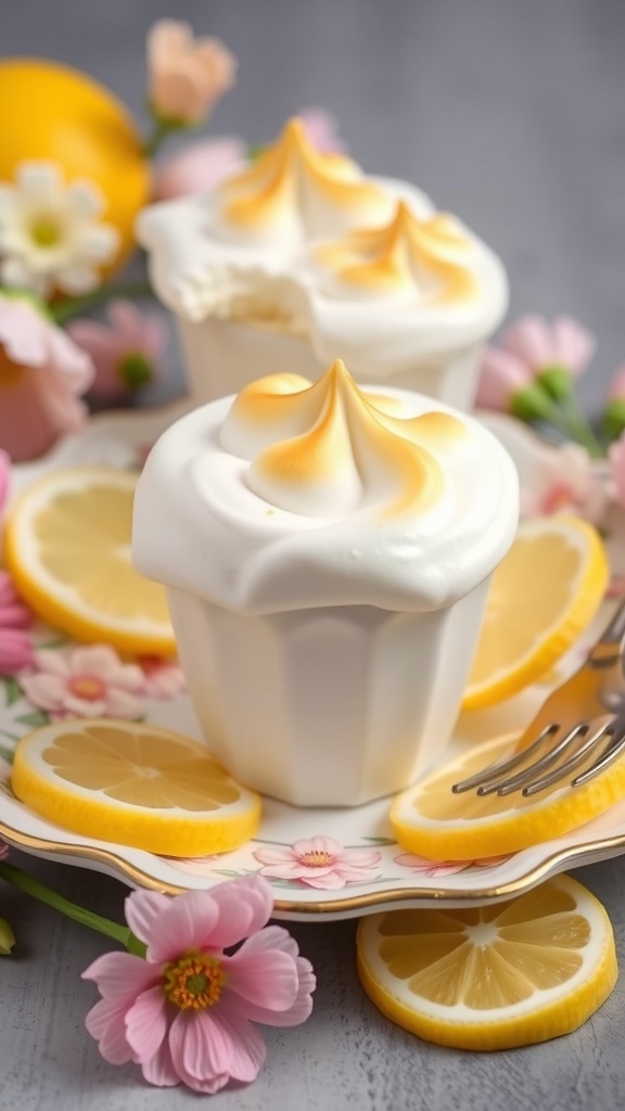 Lemon Meringue Cups with lemon slices and flowers