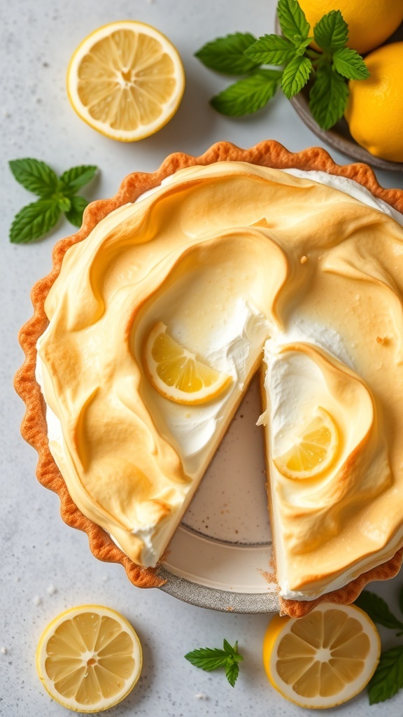A lemon meringue pie with a slice cut out, garnished with lemon slices and mint leaves.