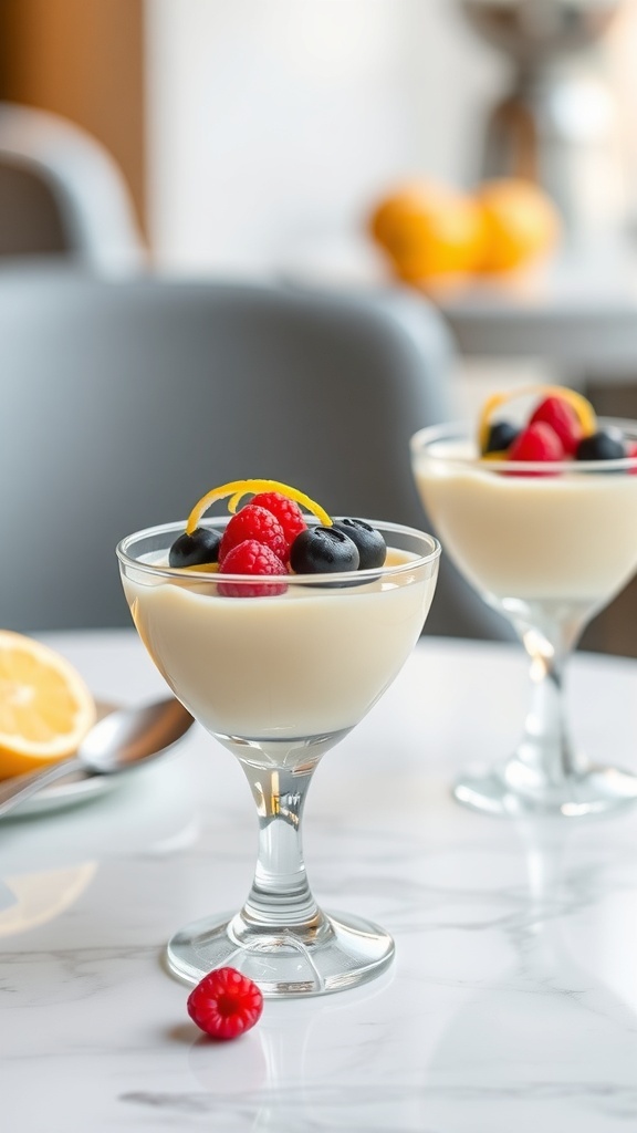 Delicious lemon panna cotta topped with berries in elegant glass cups