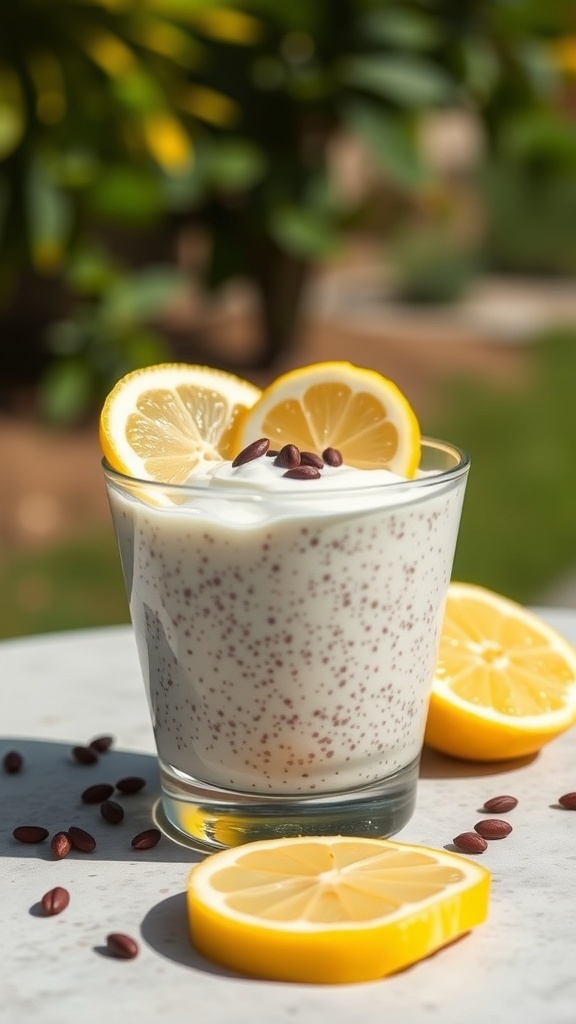 A glass of lemon poppy seed chia pudding with lemon slices and poppy seeds on a table