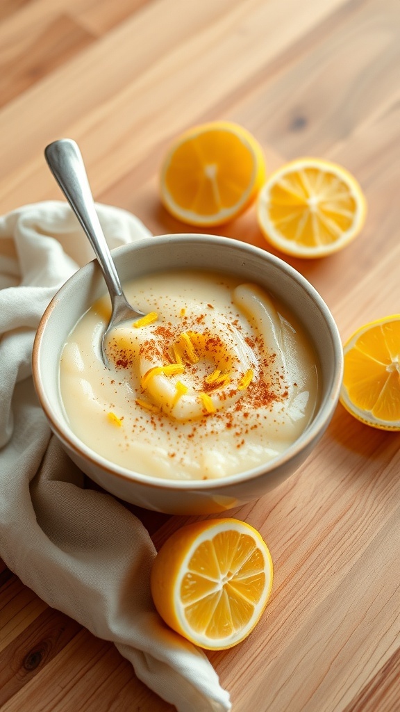 A bowl of lemon rice pudding with fresh lemons on the side.