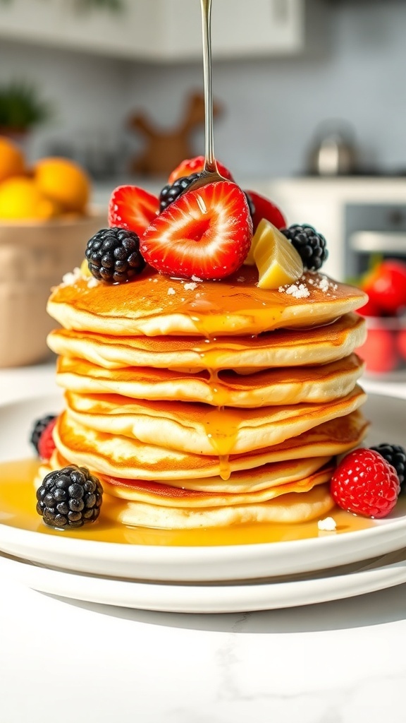 A stack of lemon ricotta pancakes topped with fresh berries and syrup.
