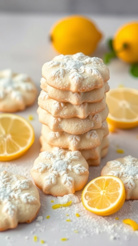 Lemon Snowdrop Cookies stacked with fresh lemons and lemon slices