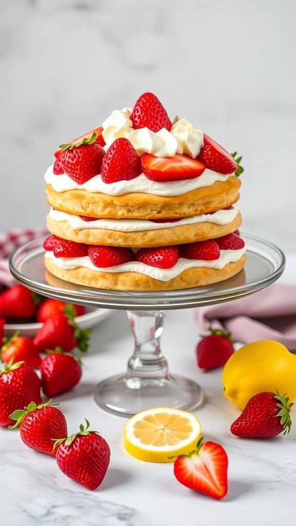 A layered lemon strawberry shortcake topped with whipped cream and fresh strawberries on a cake stand.