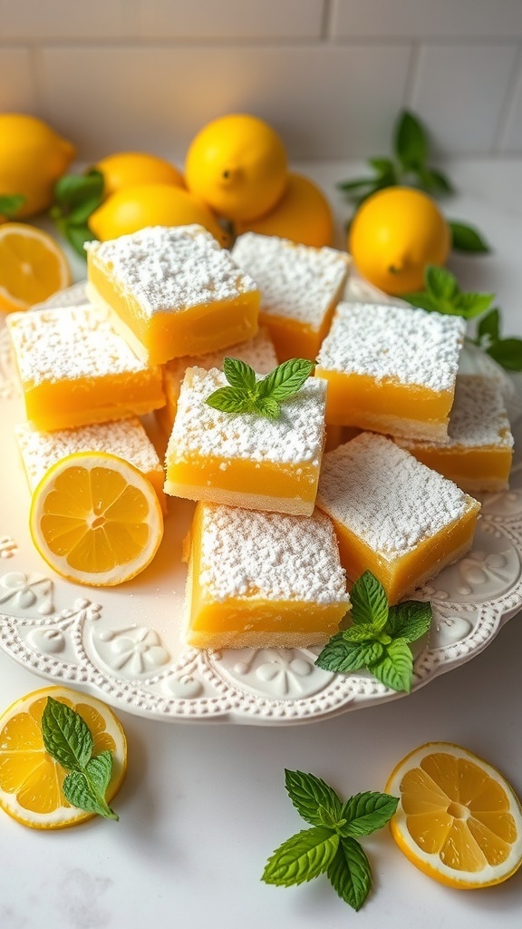 A platter of lemon bars garnished with mint leaves and fresh lemons.