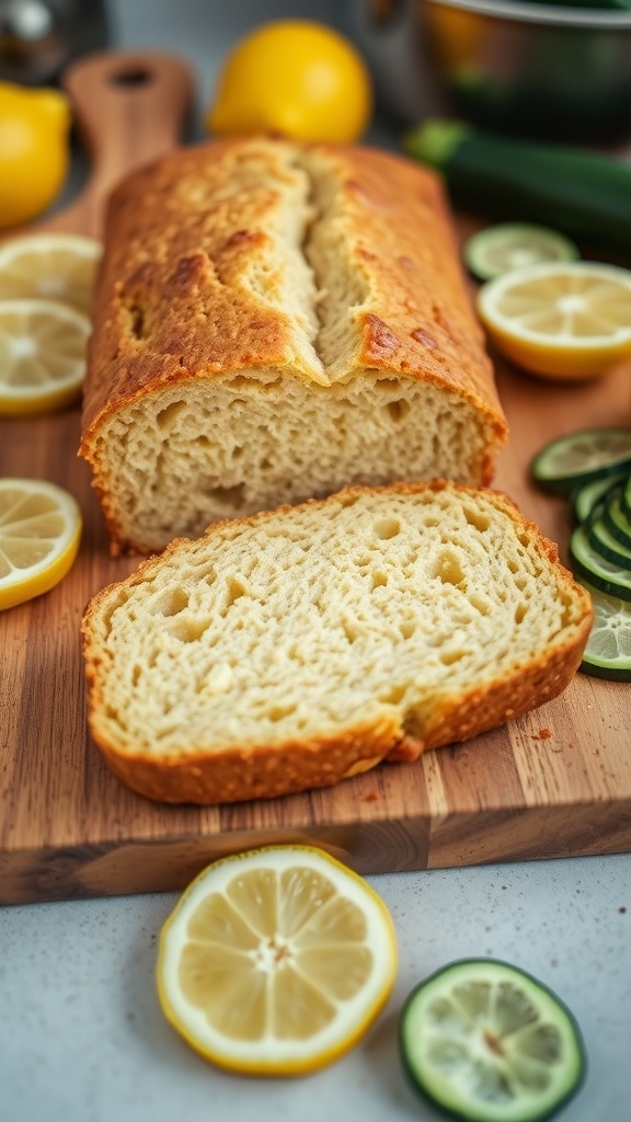 A loaf of lemon zucchini bread sliced on a wooden board, surrounded by fresh lemons and zucchini.