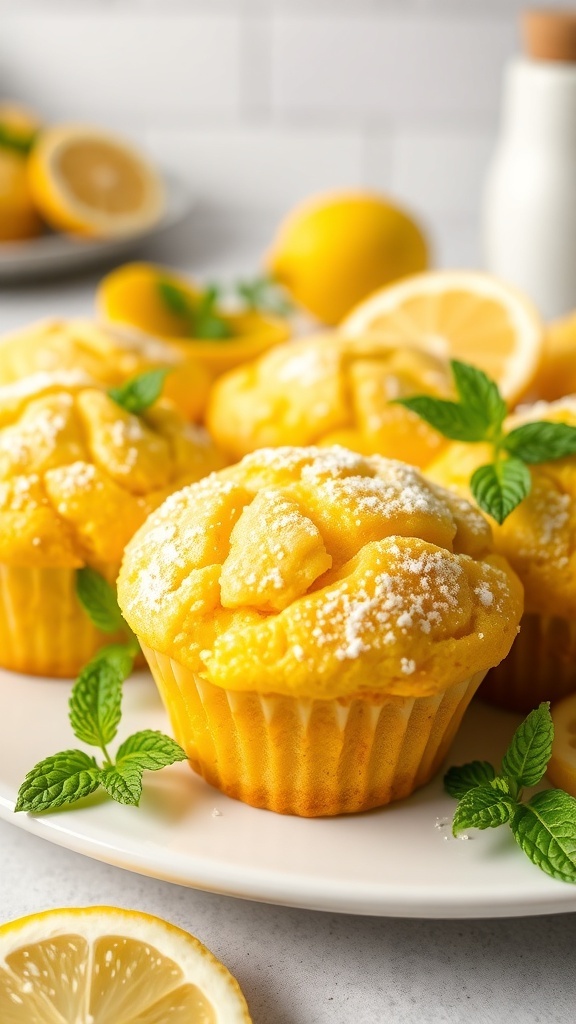Lemon zucchini muffins on a plate, garnished with mint leaves and surrounded by fresh lemons.