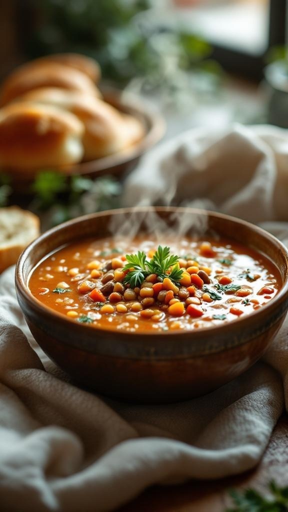 A bowl of steaming lentil soup garnished with fresh herbs, with bread rolls in the background.
