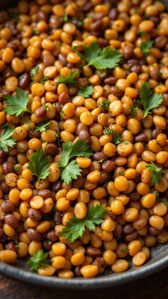 A bowl of mixed lentils garnished with fresh cilantro