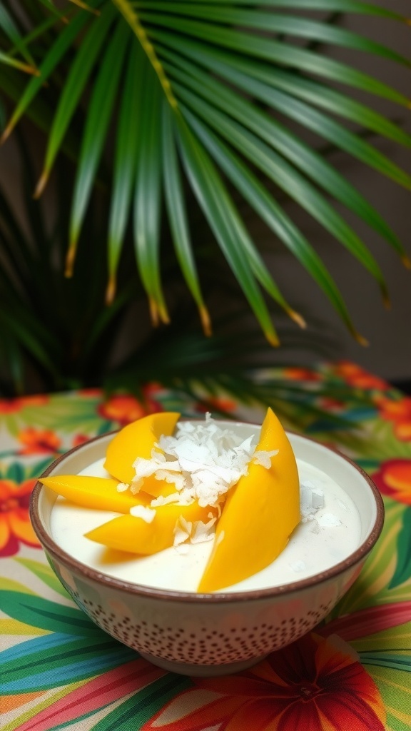 A bowl of coconut chia seed pudding topped with mango slices and shredded coconut, surrounded by palm leaves.