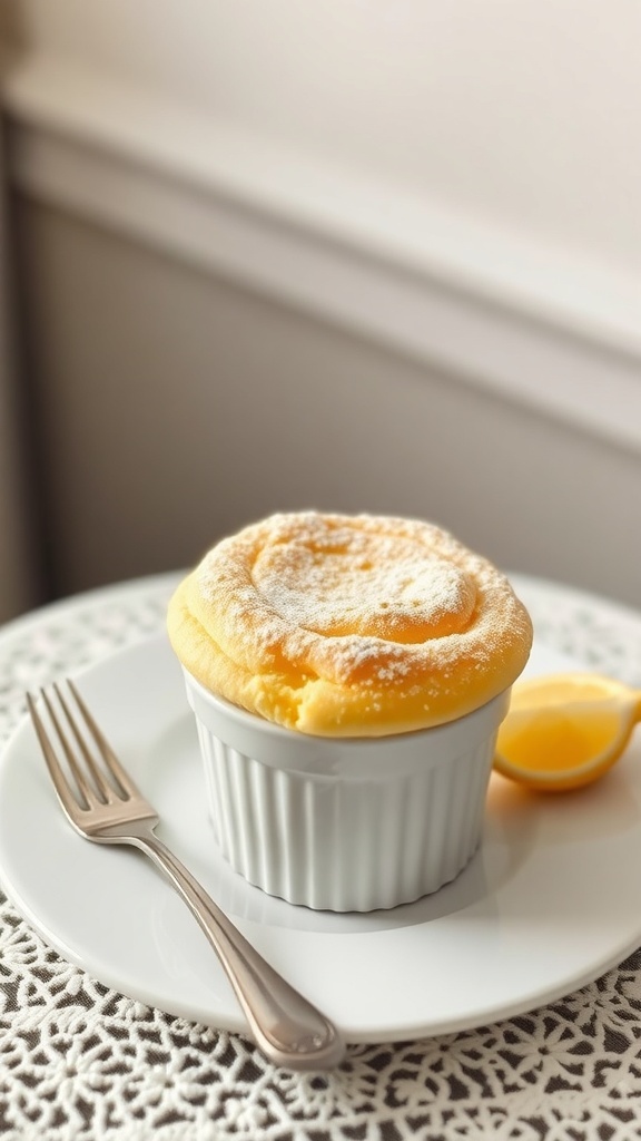 A light and airy lemon soufflé in a ramekin, dusted with powdered sugar, with a lemon wedge on the side.