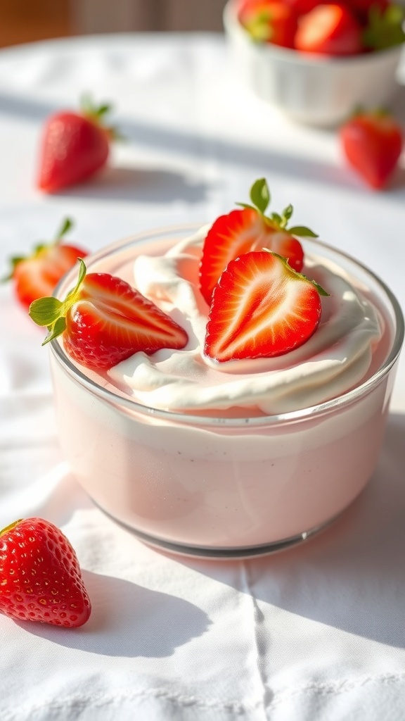 A bowl of light and airy strawberry mousse topped with fresh strawberries, surrounded by whole strawberries.