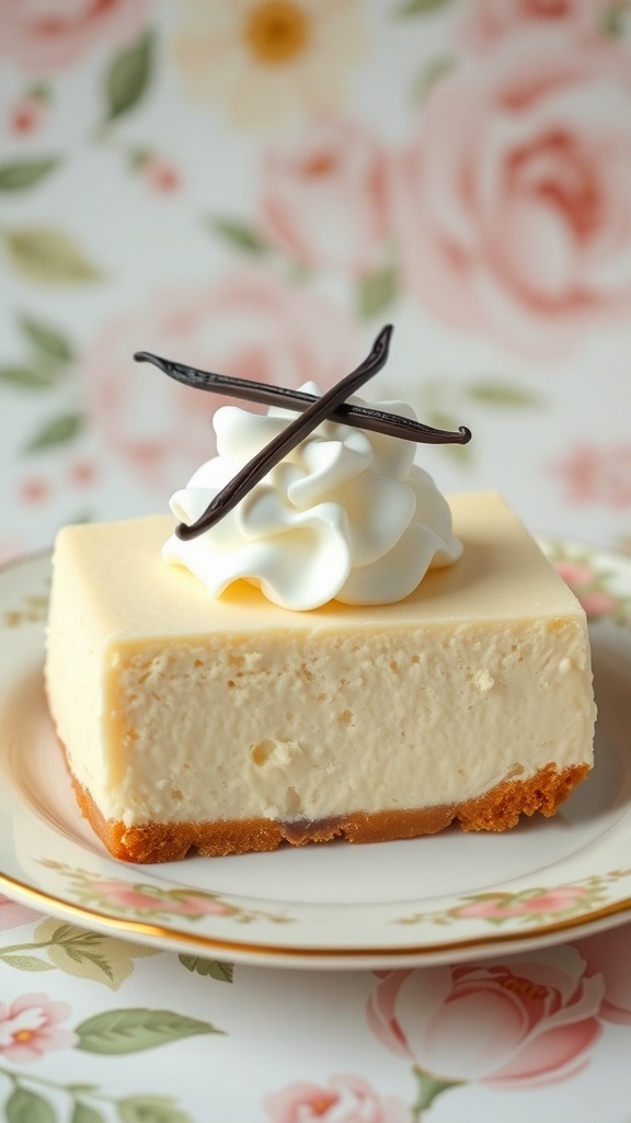 A slice of Light and Airy Vanilla Bean No-Bake Cheesecake topped with whipped cream and vanilla beans, on a floral plate.