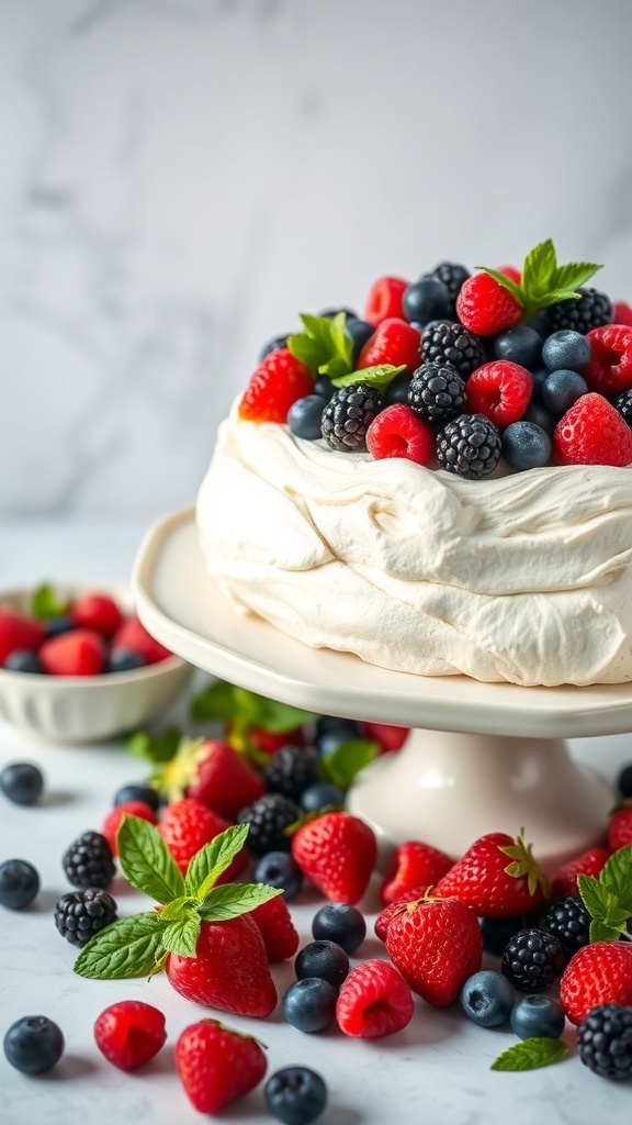 A beautiful vegan pavlova topped with fresh berries and mint leaves on a white cake stand.