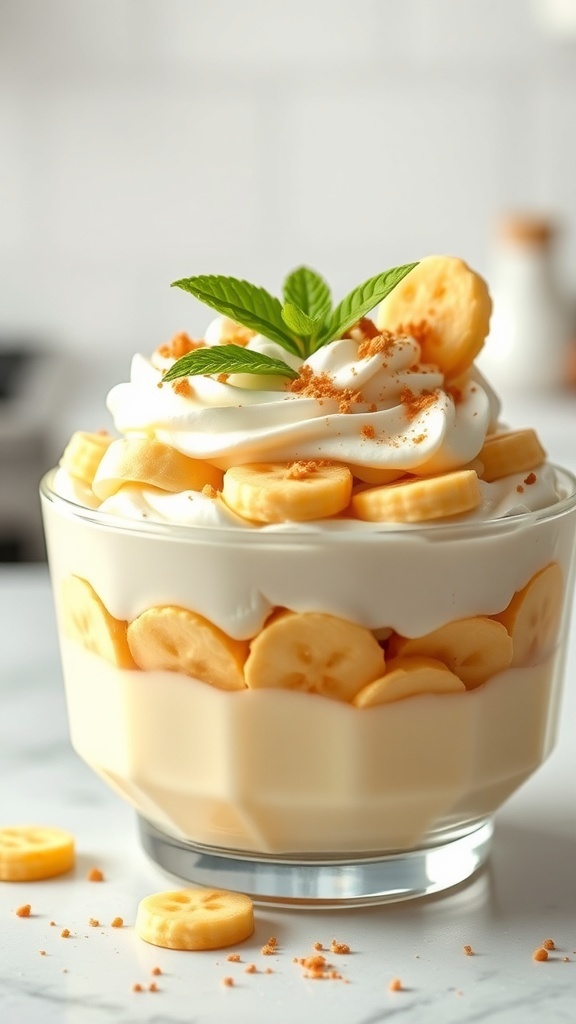 A bowl of light and creamy banana pudding with banana slices and whipped cream on top, garnished with mint leaves.