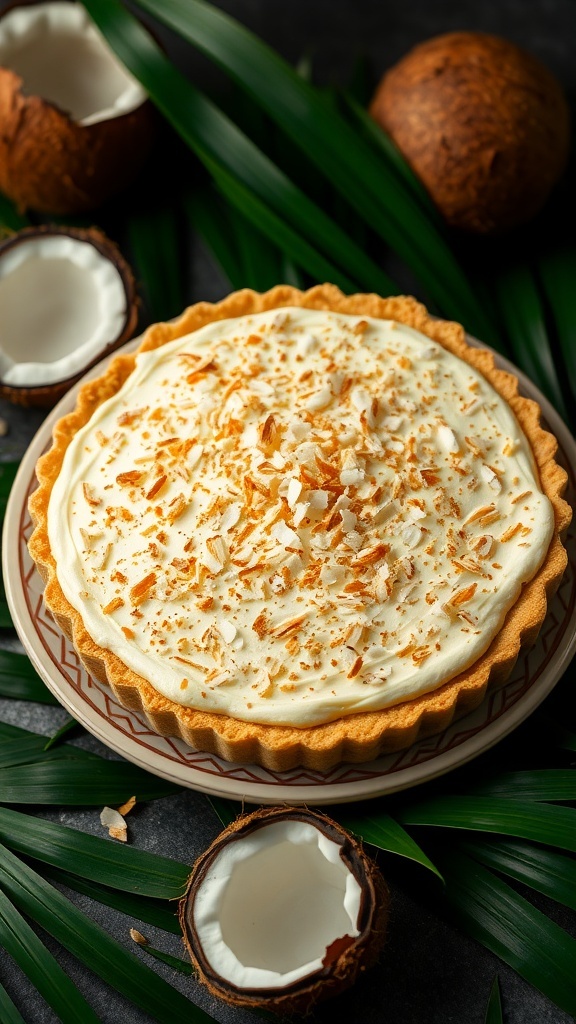 A beautifully crafted coconut cream pie topped with whipped cream and toasted coconut flakes, surrounded by fresh coconuts and green leaves.