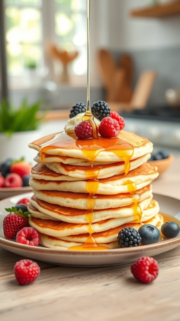 A stack of light and fluffy cottage cheese pancakes topped with fresh berries and syrup.