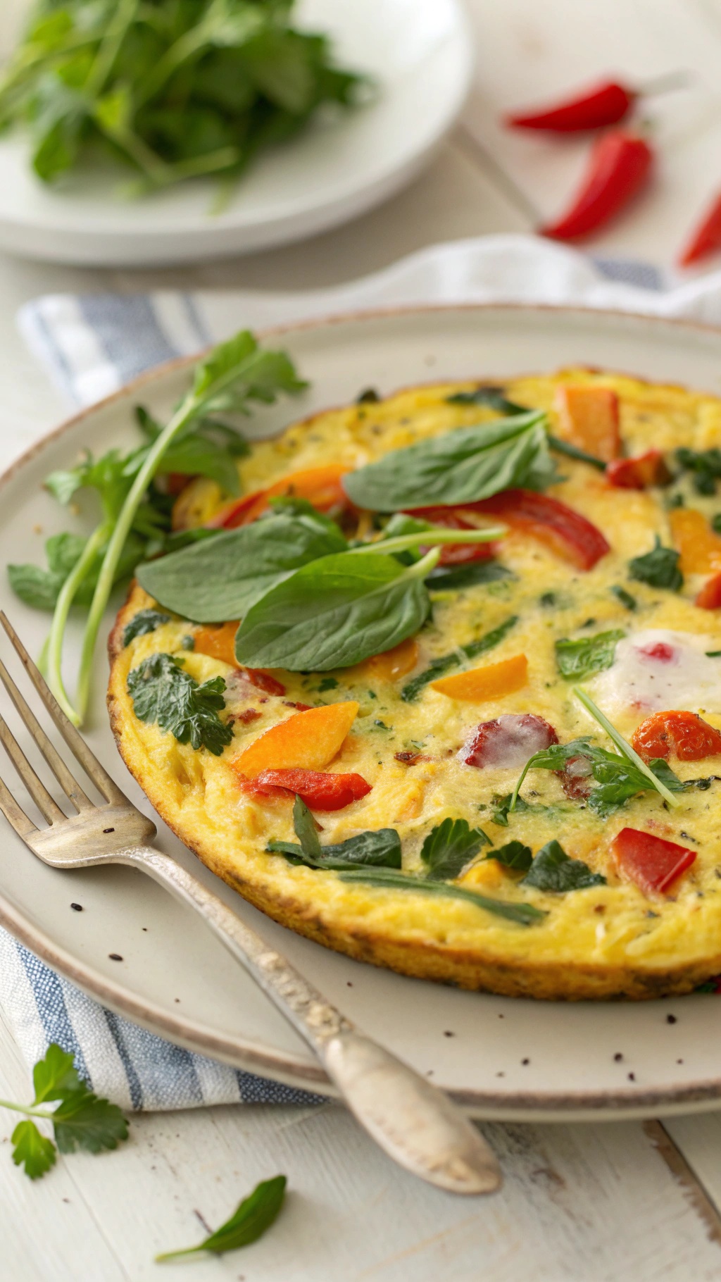 A light and fluffy egg white frittata with colorful vegetables on a plate.