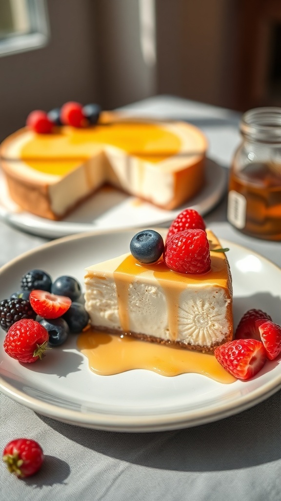A slice of light and fluffy Greek yogurt cheesecake topped with fresh berries and caramel sauce, served on a plate.