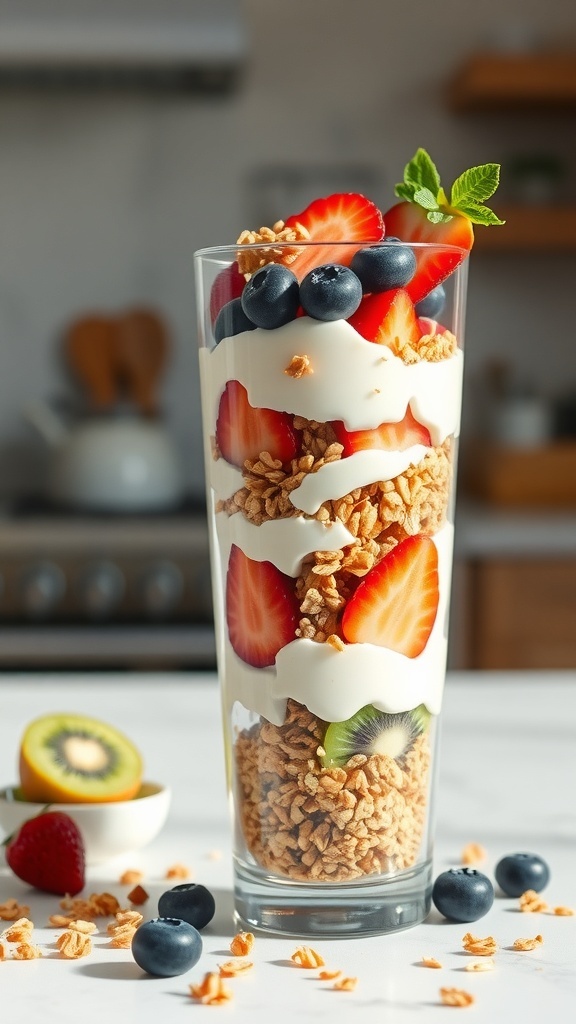 A Greek yogurt parfait with layers of yogurt, granola, and fresh fruits in a tall glass.