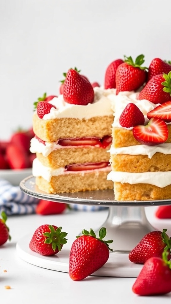 A delicious keto strawberry shortcake with layers of whipped cream and fresh strawberries.