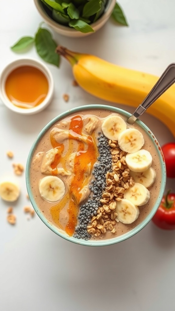 A colorful peanut butter banana smoothie bowl topped with banana slices, granola, and chia seeds, with bananas and honey in the background.