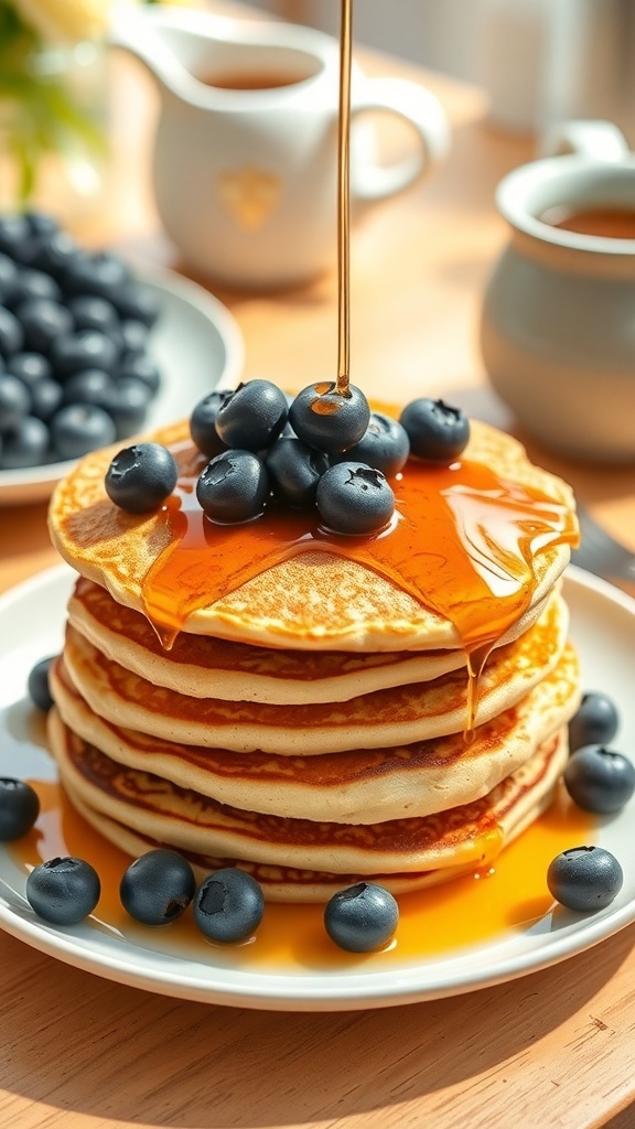 A stack of light and fluffy protein pancakes topped with blueberries and syrup.