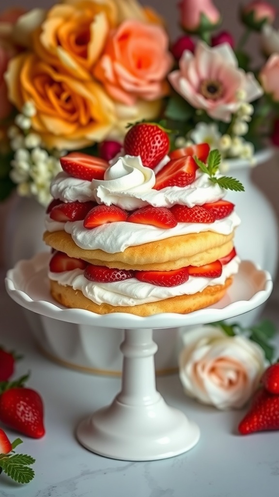 A light and fluffy strawberry shortcake with fresh strawberries and whipped cream, surrounded by flowers.